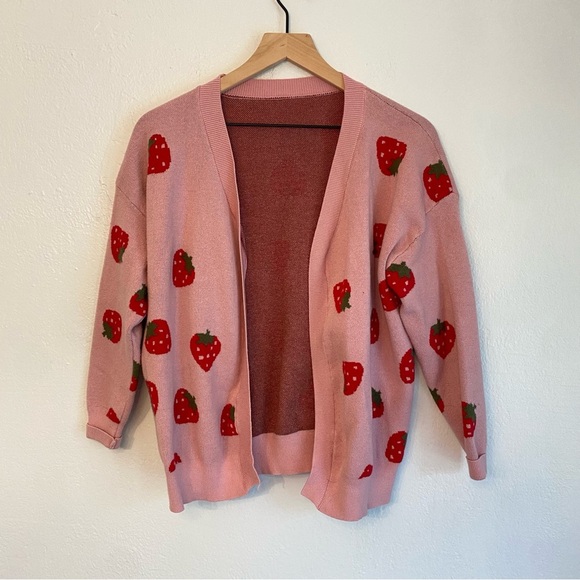 SHEIN Pink Strawberry Pattern Cardigan - Picture 1 of 4
